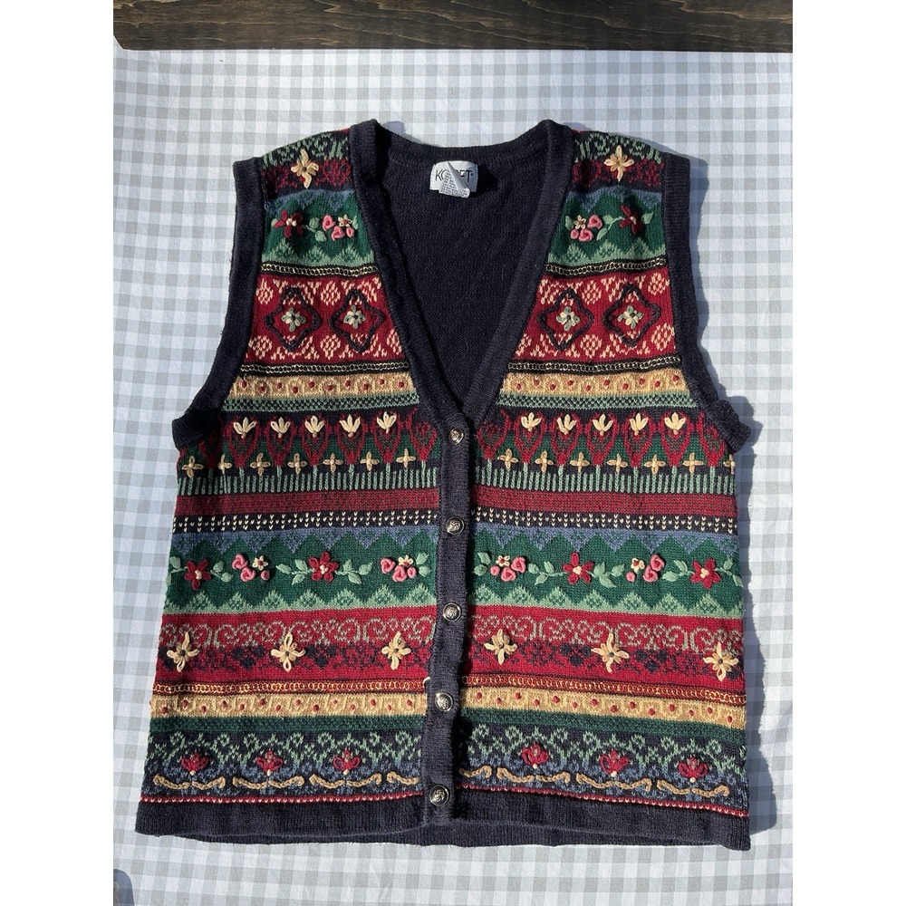 VTG Koret Knit Sweater Vest Boho‎ Cottage Country Granny Core Floral Size S